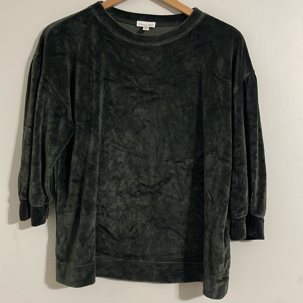 Garnet Hill woman’s olive green organic cotton modal velour blouse small
